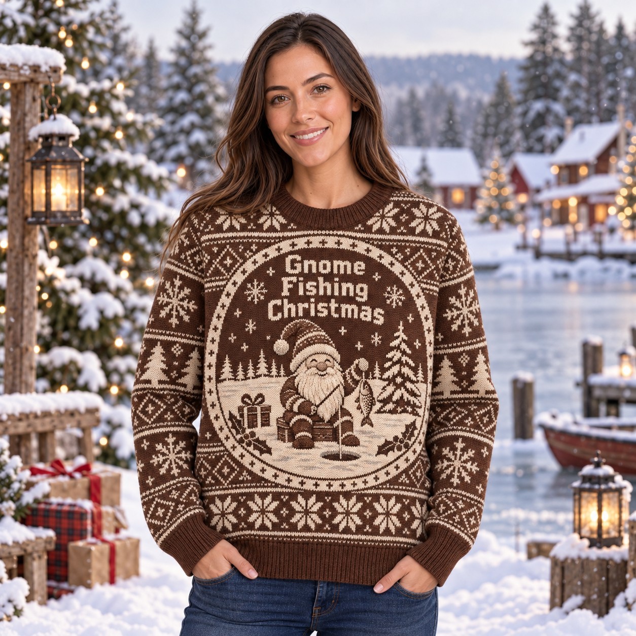 [popular-sweater:PX-11-15:female] Gnome Fishing Christmas Ugly Christmas Sweatshirt - Female view