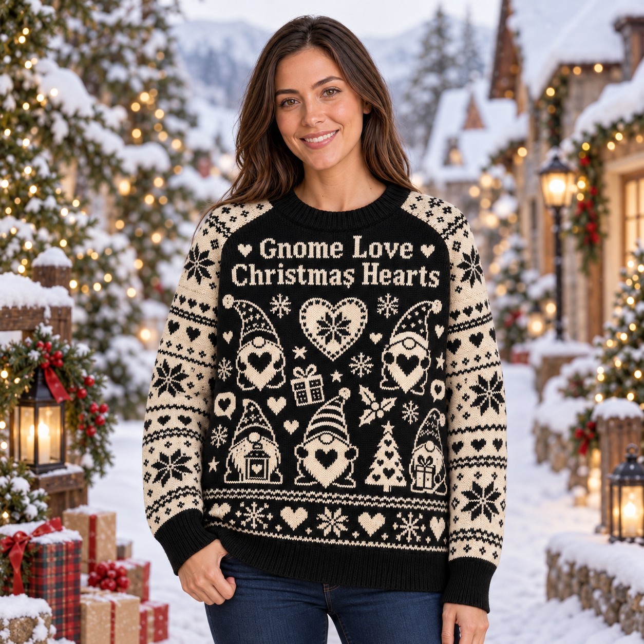 [popular-sweater:PX-11-18:female] Gnome Love Christmas Hearts Ugly Christmas Sweatshirt - Female view