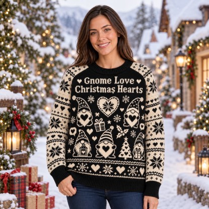 [popular-sweater:PX-11-18:female] Gnome Love Christmas Hearts Ugly Christmas Sweatshirt - Female view
