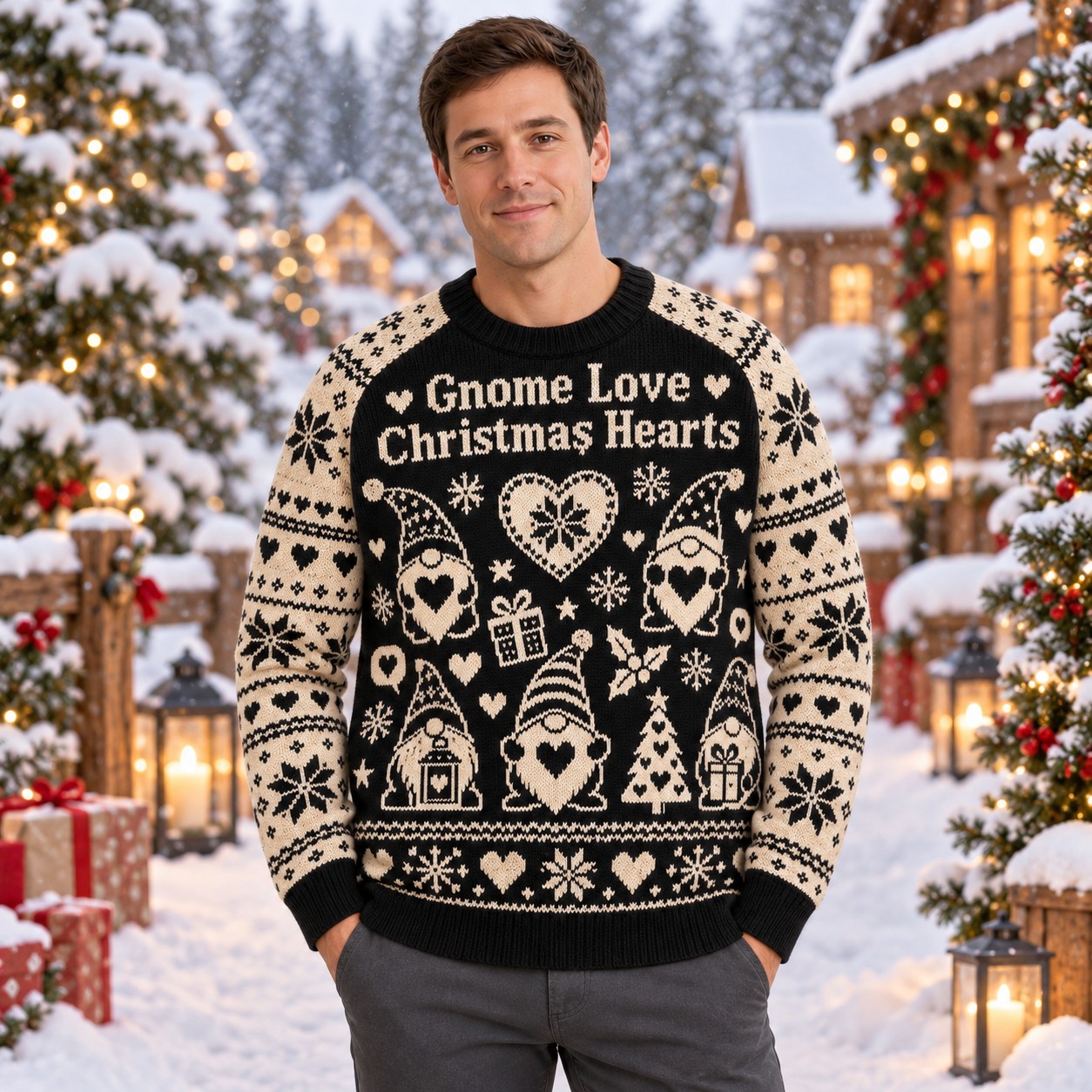 [popular-sweater:PX-11-18:male] Gnome Love Christmas Hearts Ugly Christmas Sweatshirt - Male view
