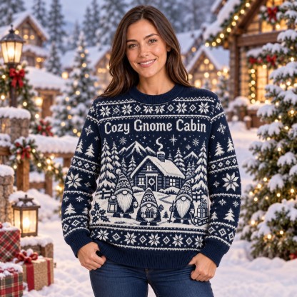 [popular-sweater:PX-11-19:female] Cozy Gnome Cabin Ugly Christmas Sweatshirt - Female view