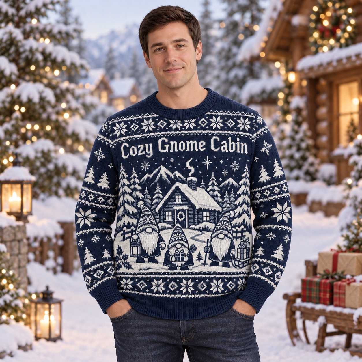 [popular-sweater:PX-11-19:male] Cozy Gnome Cabin Ugly Christmas Sweatshirt - Male view
