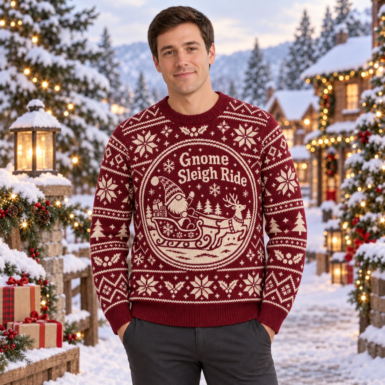 [popular-sweater:PX-11-20:male] Gnome Sleigh Ride Ugly Christmas Sweatshirt - Male view