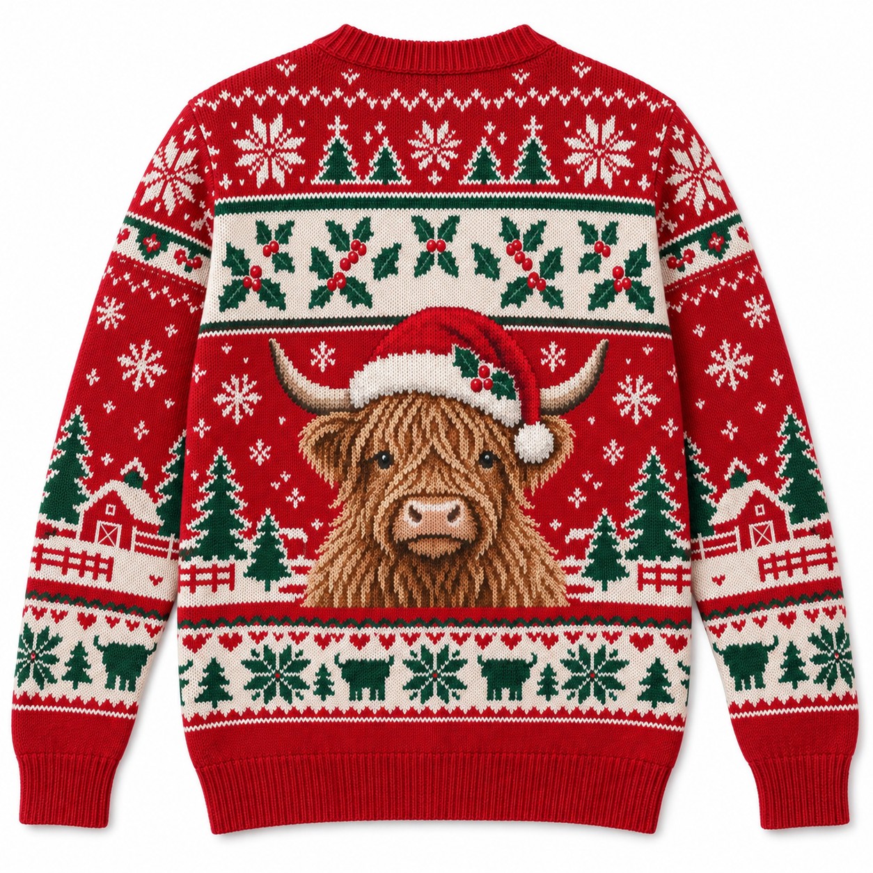 [popular-sweater:PX-12-01:back] Mooey Christmas Highland Cow Ugly Christmas Sweatshirt - Back view