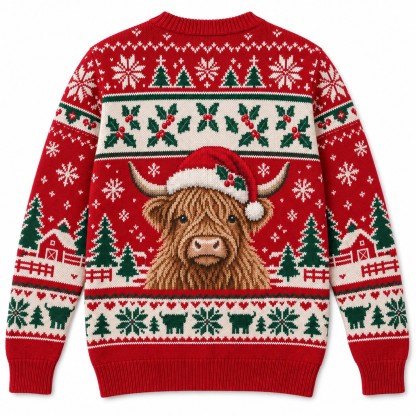 [popular-sweater:PX-12-01:back] Mooey Christmas Highland Cow Ugly Christmas Sweatshirt - Back view