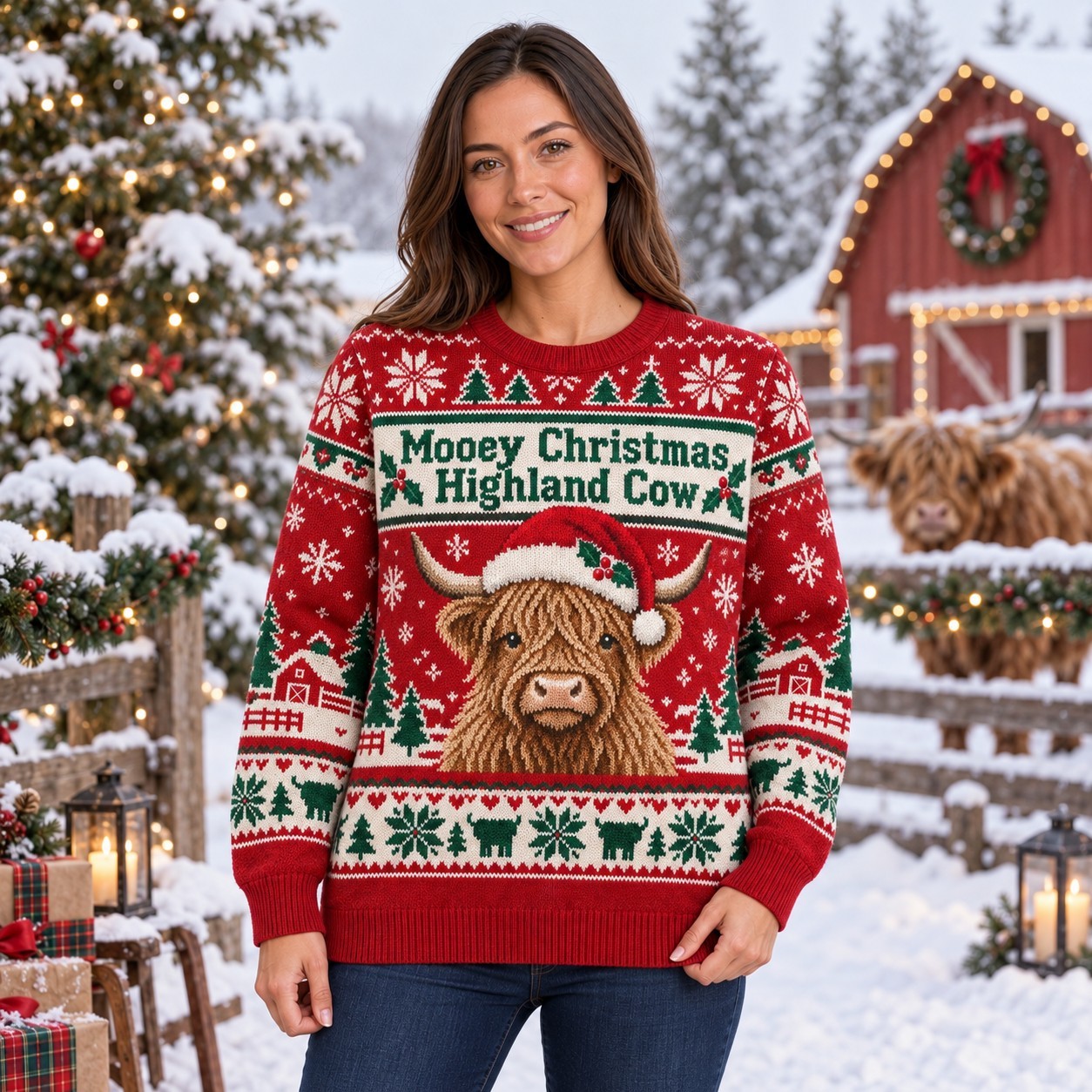 [popular-sweater:PX-12-01:female] Mooey Christmas Highland Cow Ugly Christmas Sweatshirt - Female view
