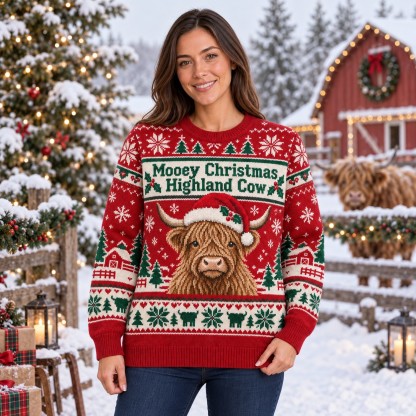 [popular-sweater:PX-12-01:female] Mooey Christmas Highland Cow Ugly Christmas Sweatshirt - Female view