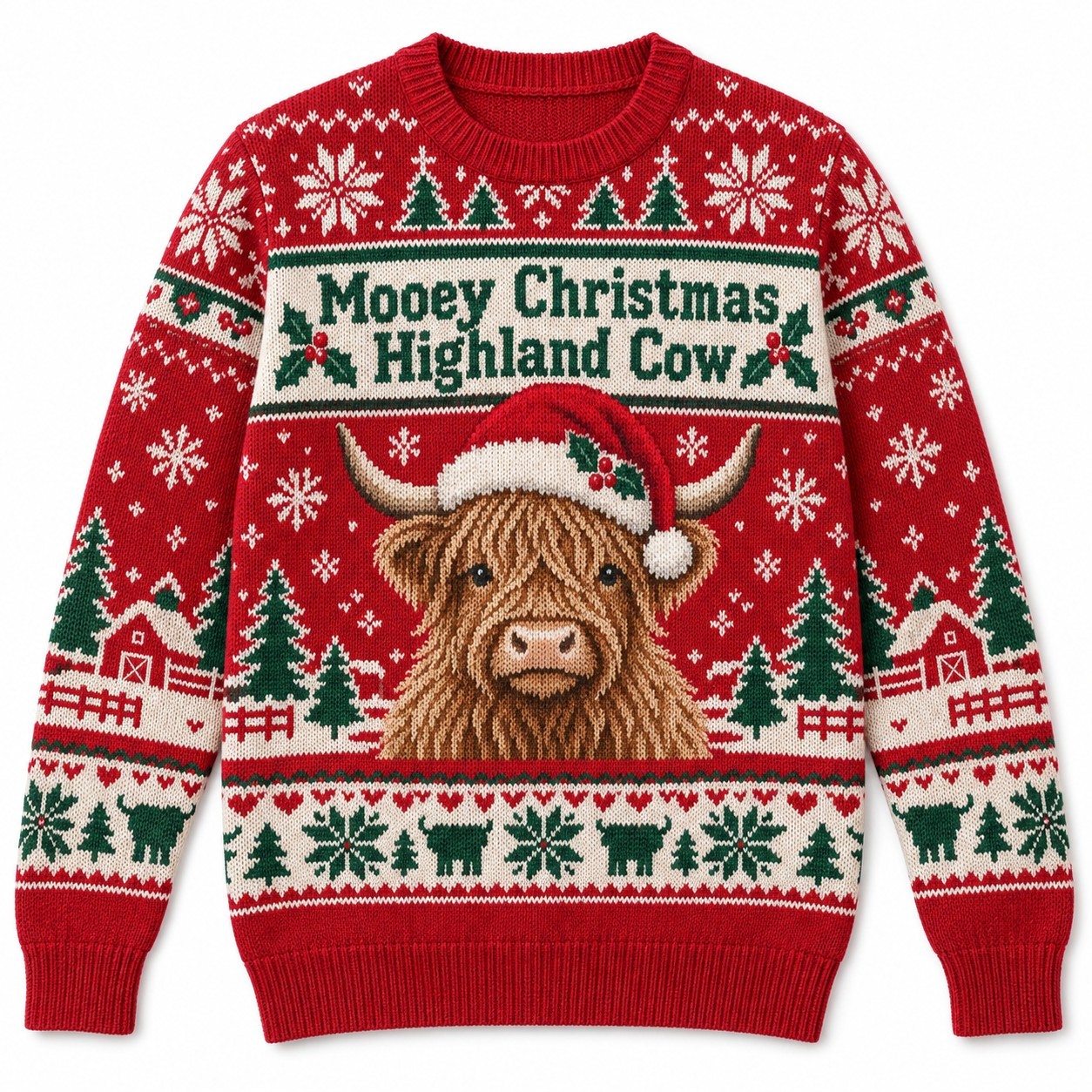 [popular-sweater:PX-12-01:front] Mooey Christmas Highland Cow Ugly Christmas Sweatshirt - Front view