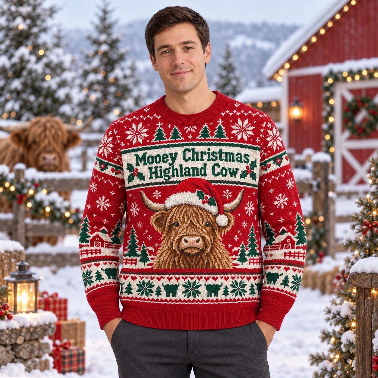 [popular-sweater:PX-12-01:male] Mooey Christmas Highland Cow Ugly Christmas Sweatshirt - Male view