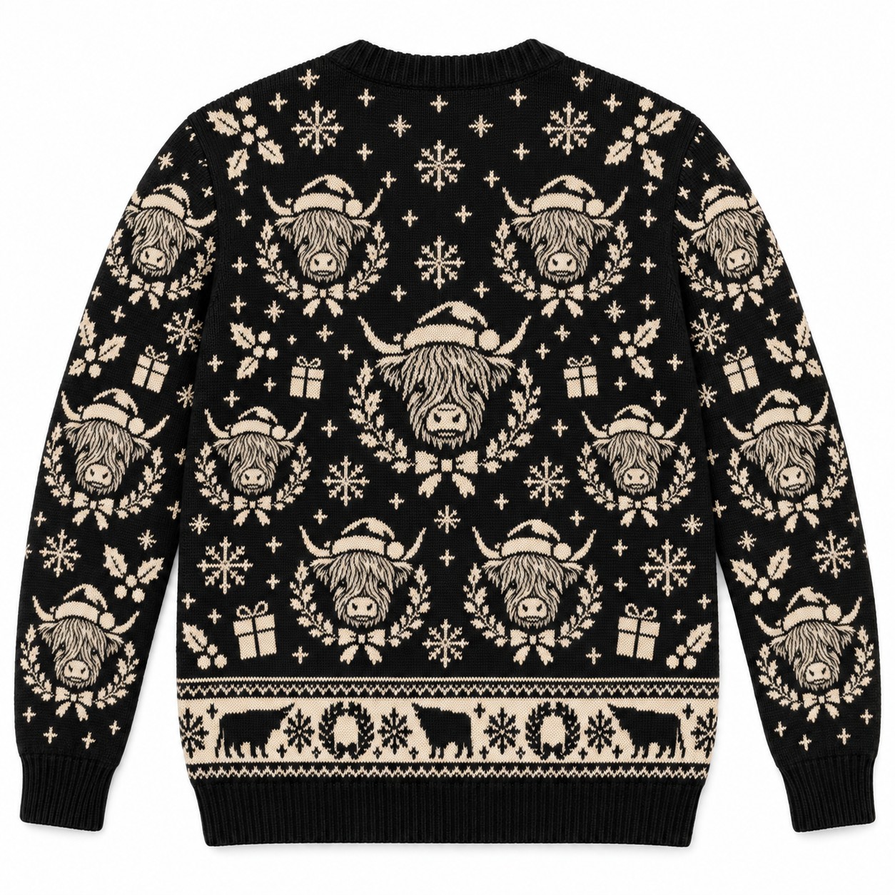 [popular-sweater:PX-12-02:back] Highland Cow Christmas Wreath Ugly Christmas Sweatshirt - Back view
