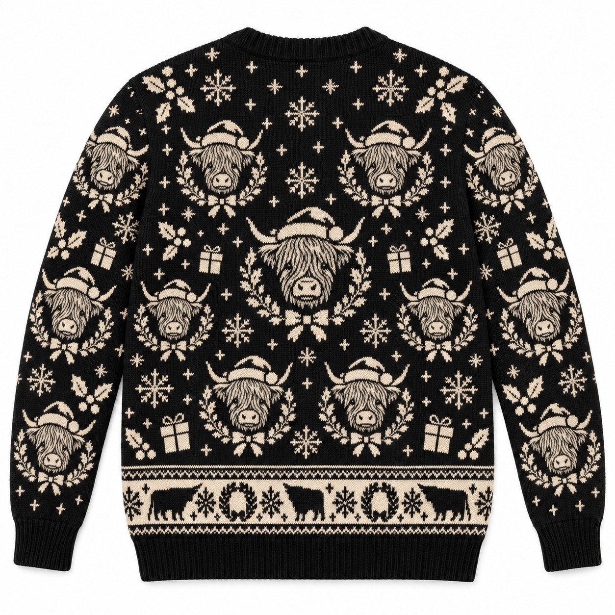 [popular-sweater:PX-12-02:back] Highland Cow Christmas Wreath Ugly Christmas Sweatshirt - Back view