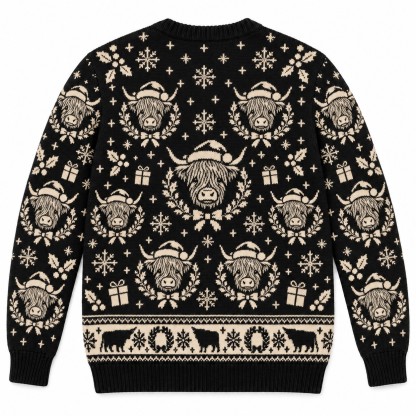 [popular-sweater:PX-12-02:back] Highland Cow Christmas Wreath Ugly Christmas Sweatshirt - Back view