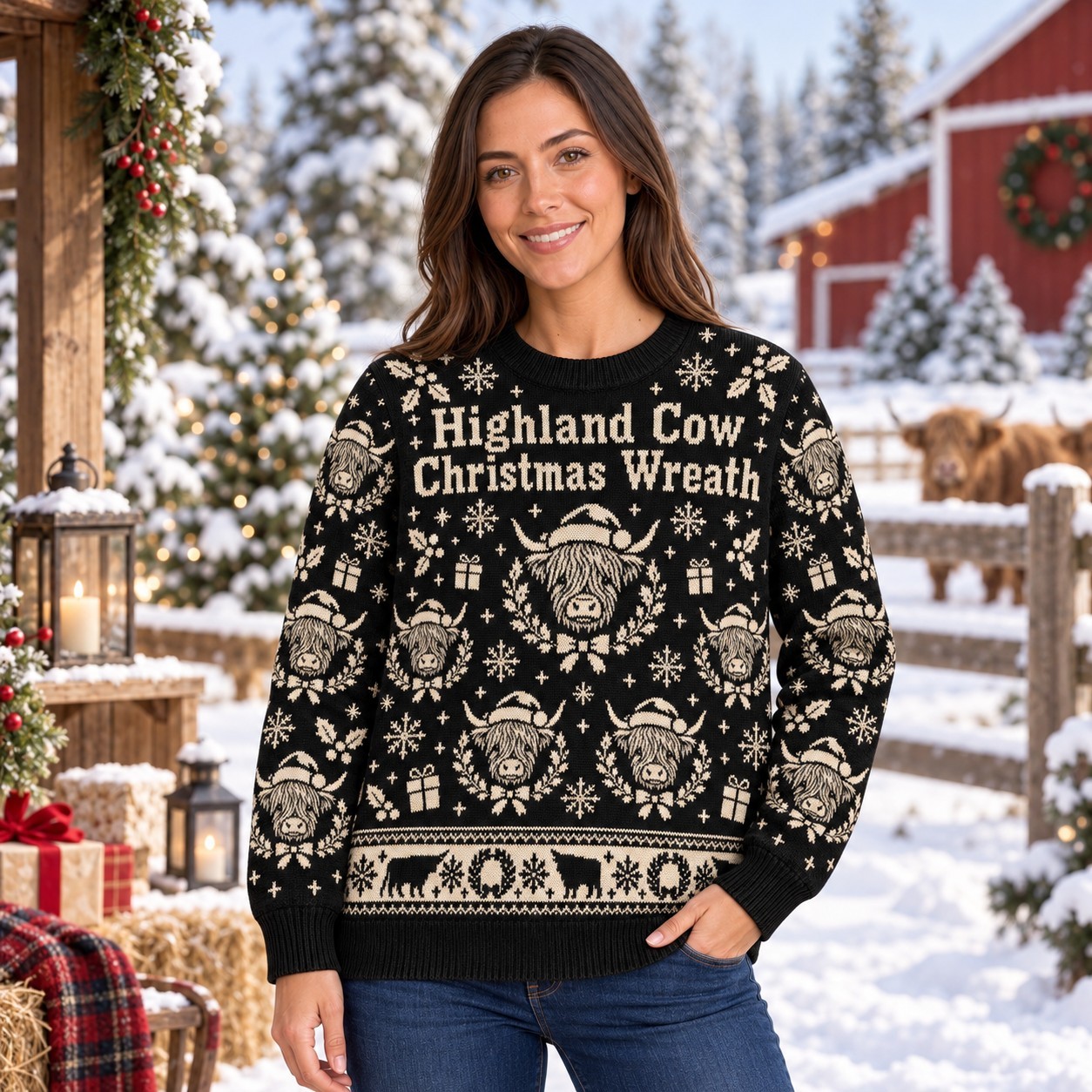 [popular-sweater:PX-12-02:female] Highland Cow Christmas Wreath Ugly Christmas Sweatshirt - Female view
