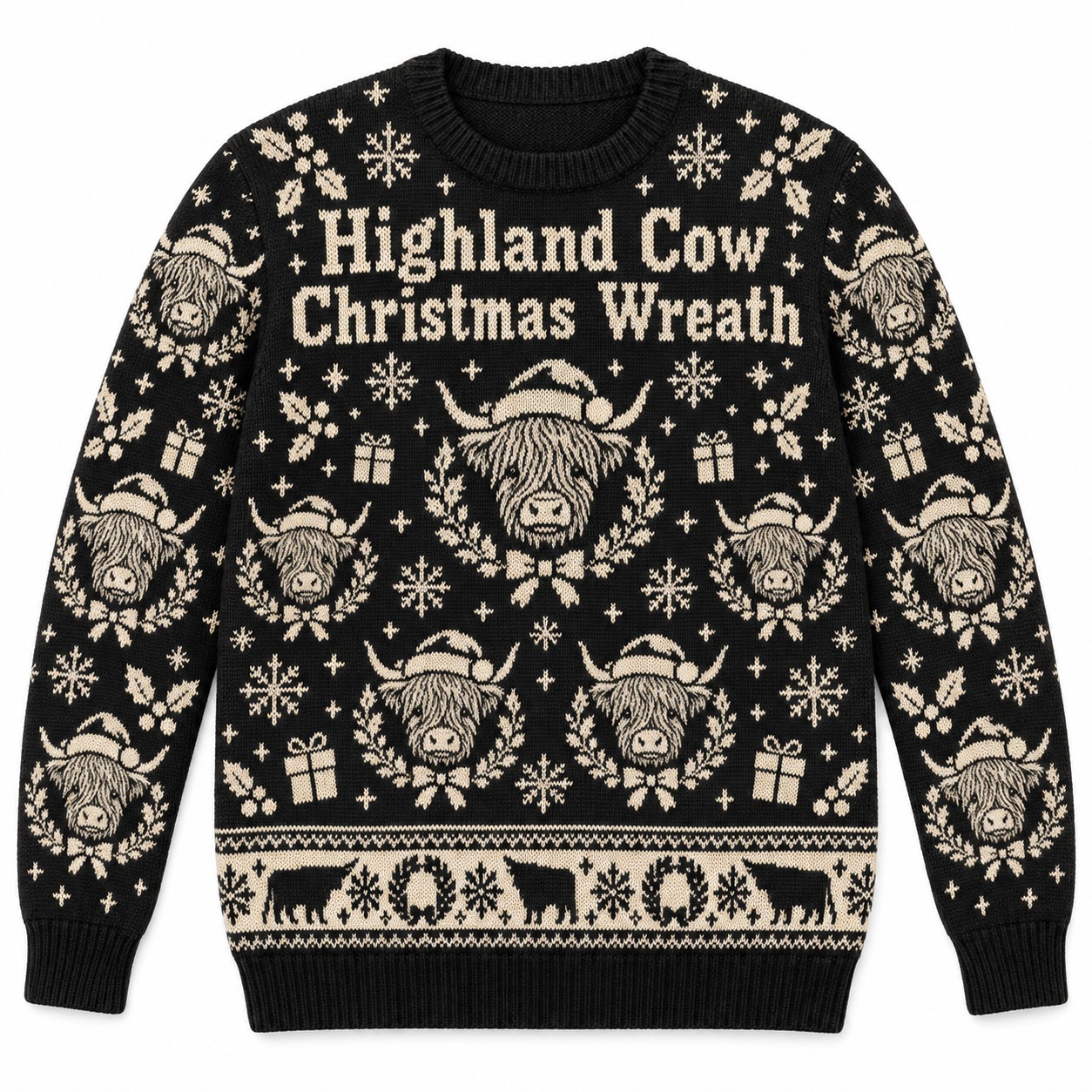 [popular-sweater:PX-12-02:front] Highland Cow Christmas Wreath Ugly Christmas Sweatshirt - Front view