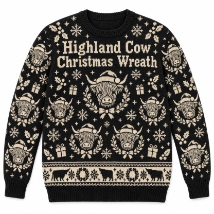 [popular-sweater:PX-12-02:front] Highland Cow Christmas Wreath Ugly Christmas Sweatshirt - Front view