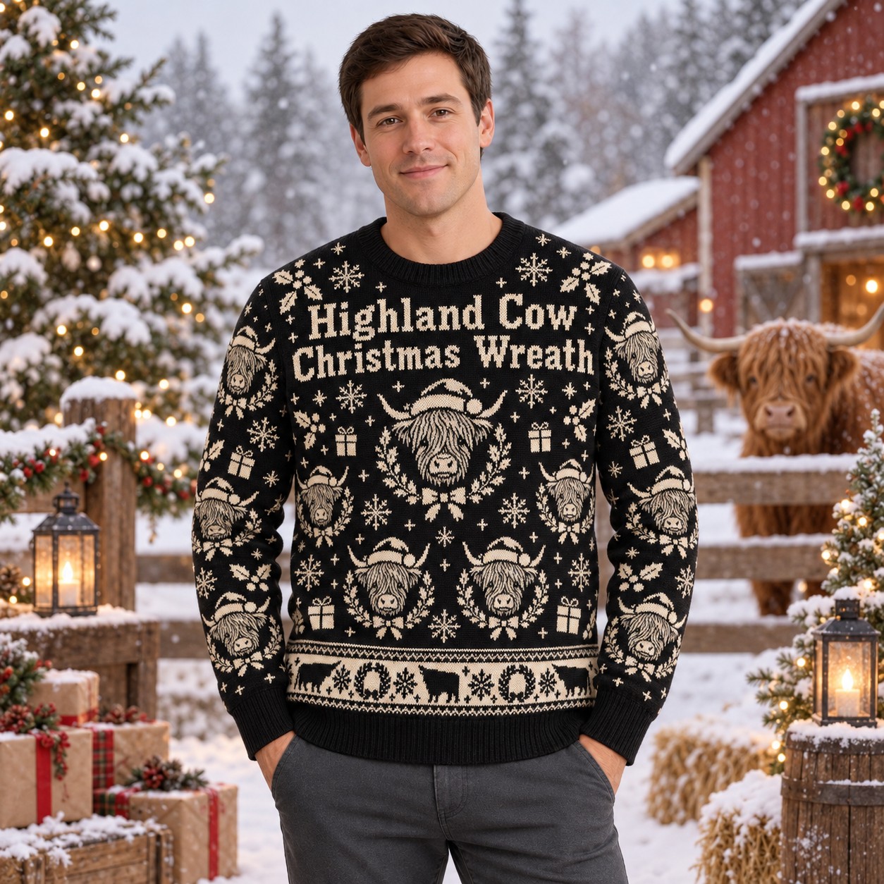 [popular-sweater:PX-12-02:male] Highland Cow Christmas Wreath Ugly Christmas Sweatshirt - Male view