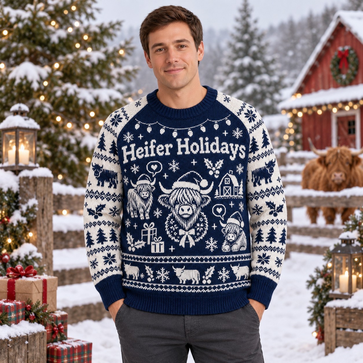 [popular-sweater:PX-12-03:male] Heifer Holidays Ugly Christmas Sweatshirt - Male view