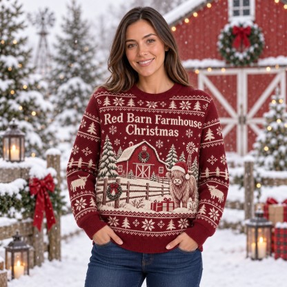 [popular-sweater:PX-12-04:female] Red Barn Farmhouse Christmas Ugly Christmas Sweatshirt - Female view