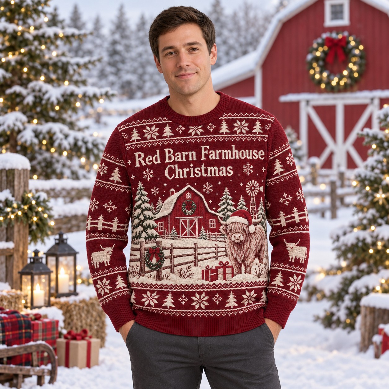 [popular-sweater:PX-12-04:male] Red Barn Farmhouse Christmas Ugly Christmas Sweatshirt - Male view
