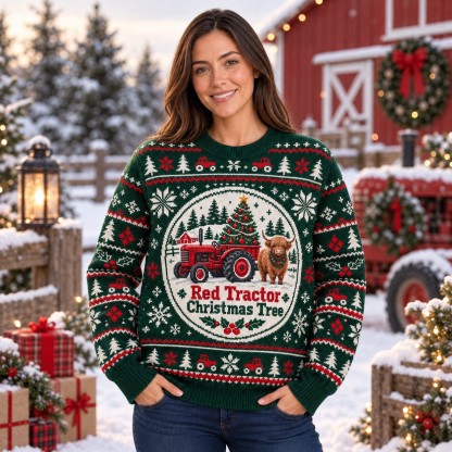 [popular-sweater:PX-12-05:female] Red Tractor Christmas Tree Ugly Christmas Sweatshirt - Female view