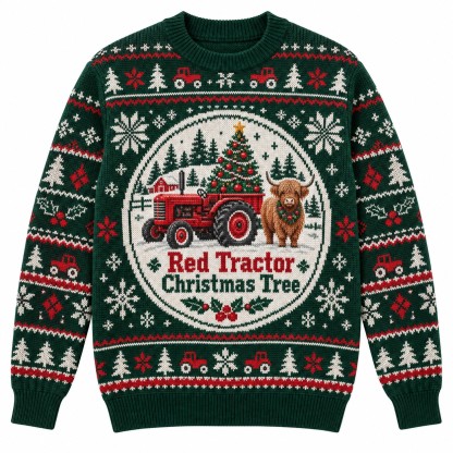 [popular-sweater:PX-12-05:front] Red Tractor Christmas Tree Ugly Christmas Sweatshirt - Front view