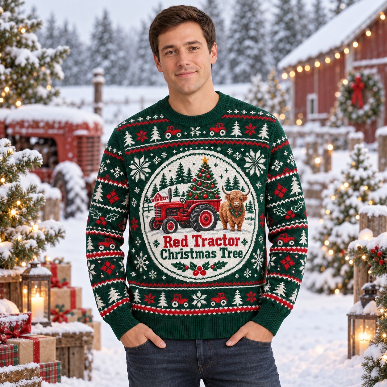 [popular-sweater:PX-12-05:male] Red Tractor Christmas Tree Ugly Christmas Sweatshirt - Male view