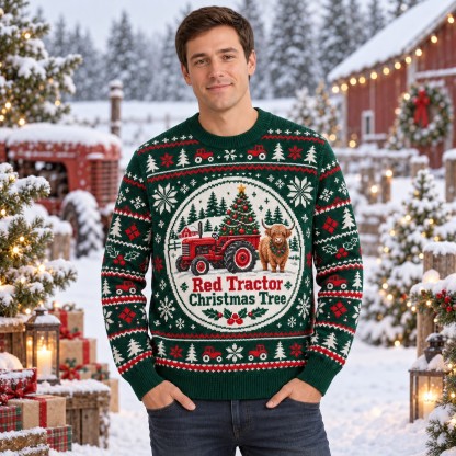 [popular-sweater:PX-12-05:male] Red Tractor Christmas Tree Ugly Christmas Sweatshirt - Male view