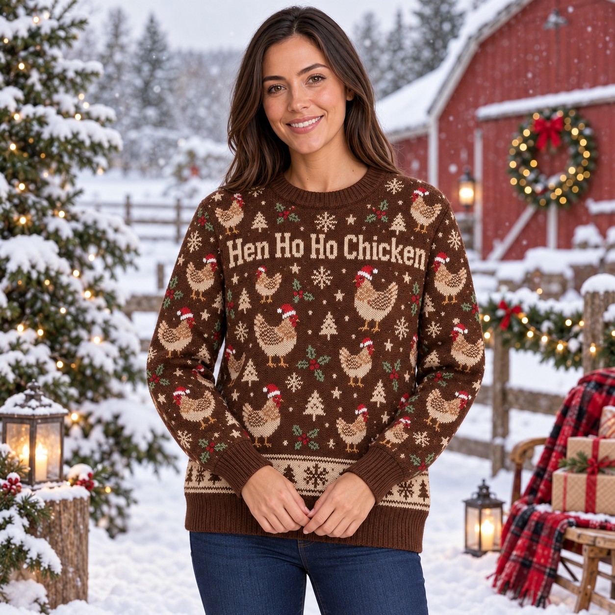 [popular-sweater:PX-12-07:female] Hen Ho Ho Chicken Ugly Christmas Sweatshirt - Female view