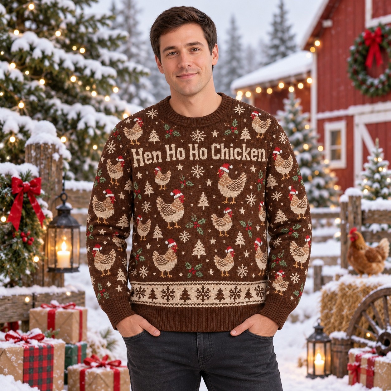 [popular-sweater:PX-12-07:male] Hen Ho Ho Chicken Ugly Christmas Sweatshirt - Male view