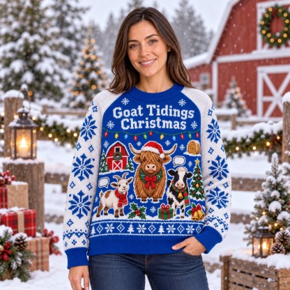 [popular-sweater:PX-12-08:female] Goat Tidings Christmas Ugly Christmas Sweatshirt - Female view