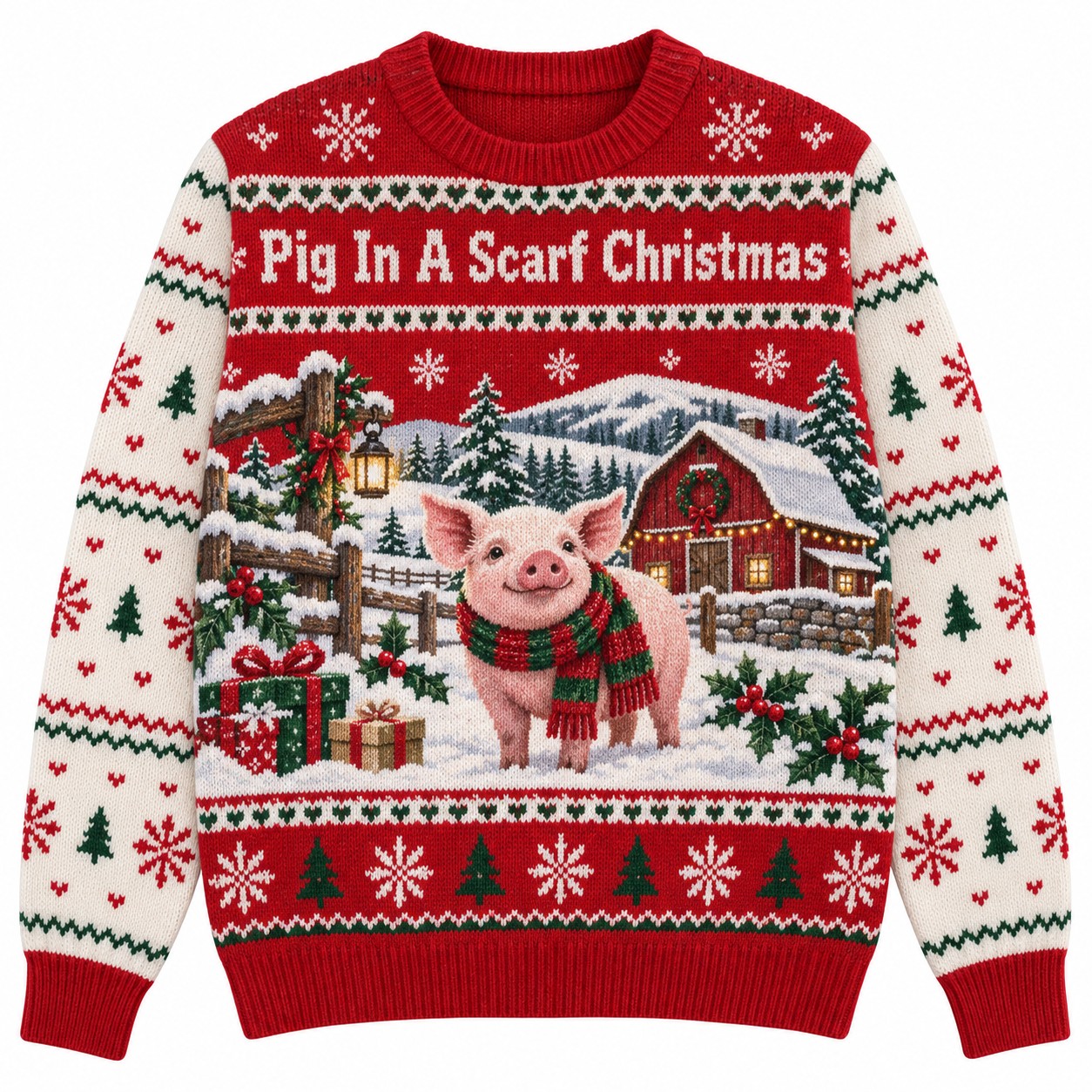 [popular-sweater:PX-12-09:front] Pig In A Scarf Christmas Ugly Christmas Sweatshirt - Front view