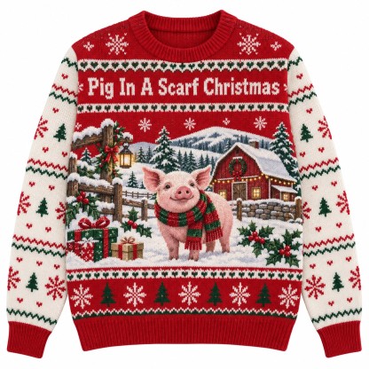 [popular-sweater:PX-12-09:front] Pig In A Scarf Christmas Ugly Christmas Sweatshirt - Front view