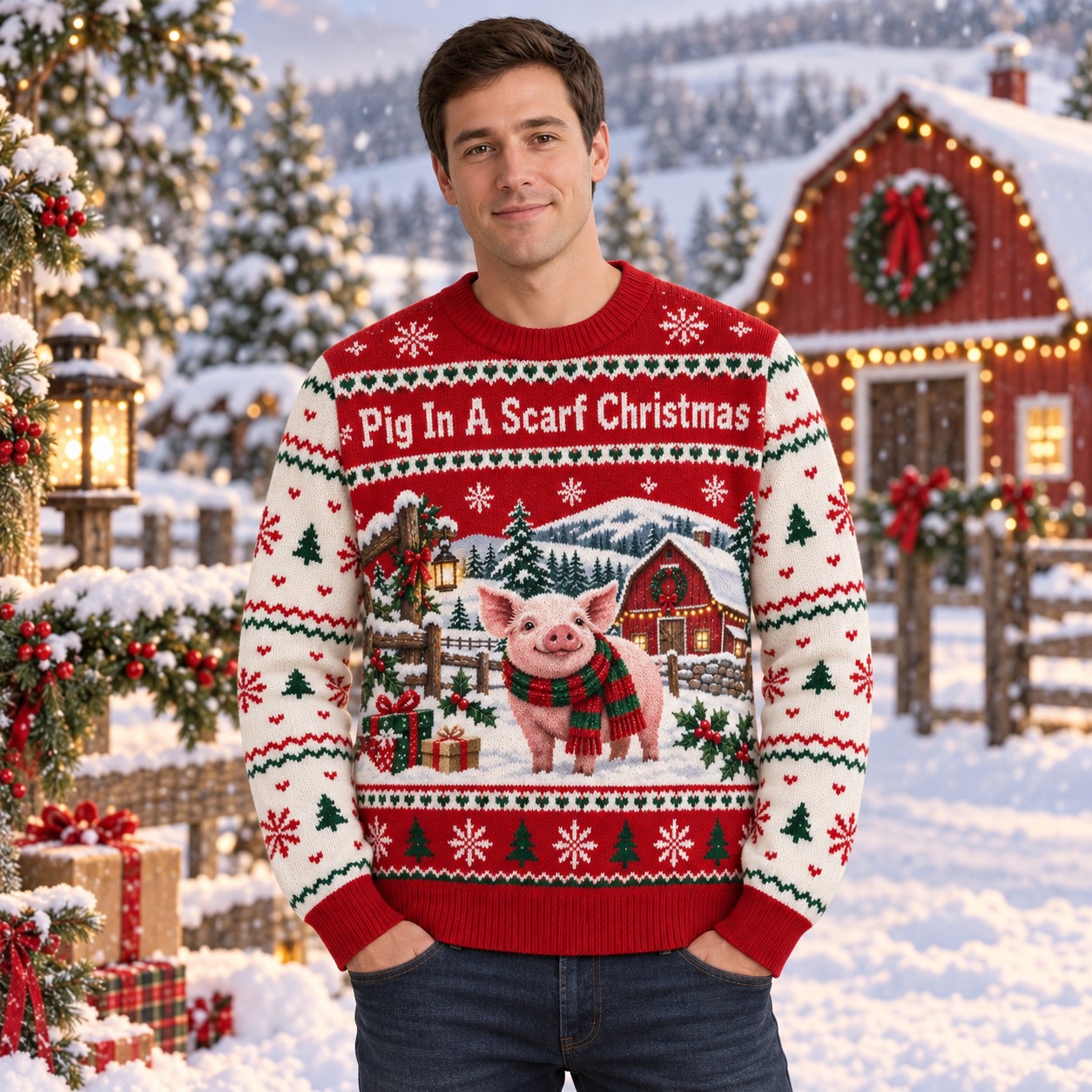 [popular-sweater:PX-12-09:male] Pig In A Scarf Christmas Ugly Christmas Sweatshirt - Male view