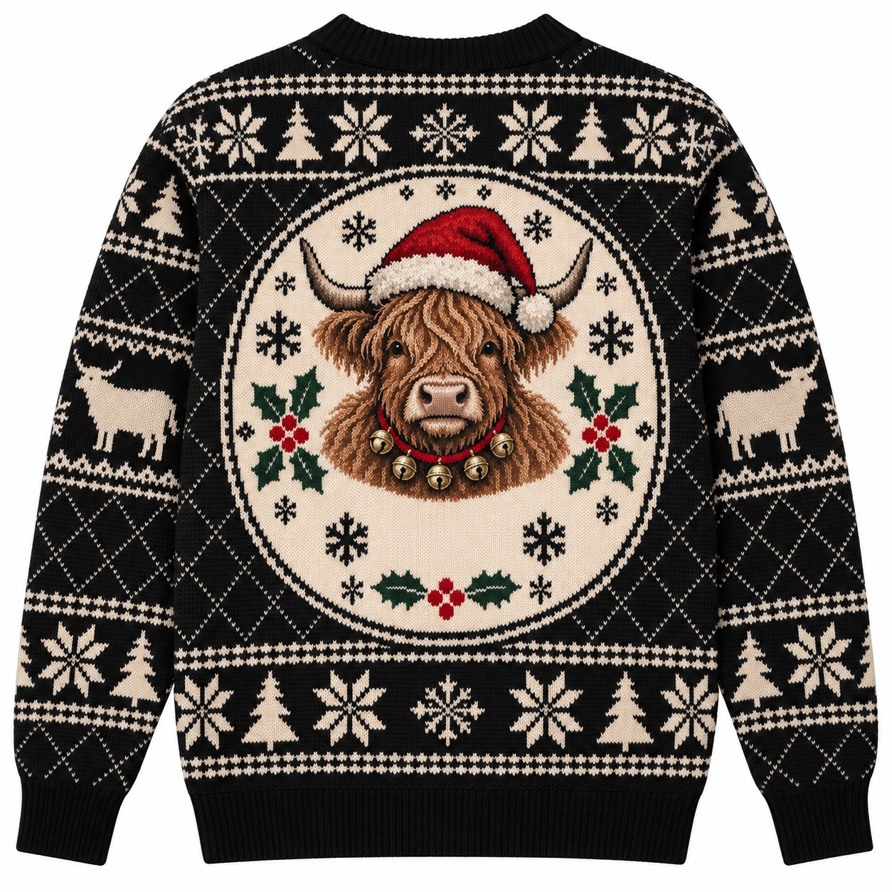 [popular-sweater:PX-12-10:back] Moo Moo Merry Cow Bells Ugly Christmas Sweatshirt - Back view