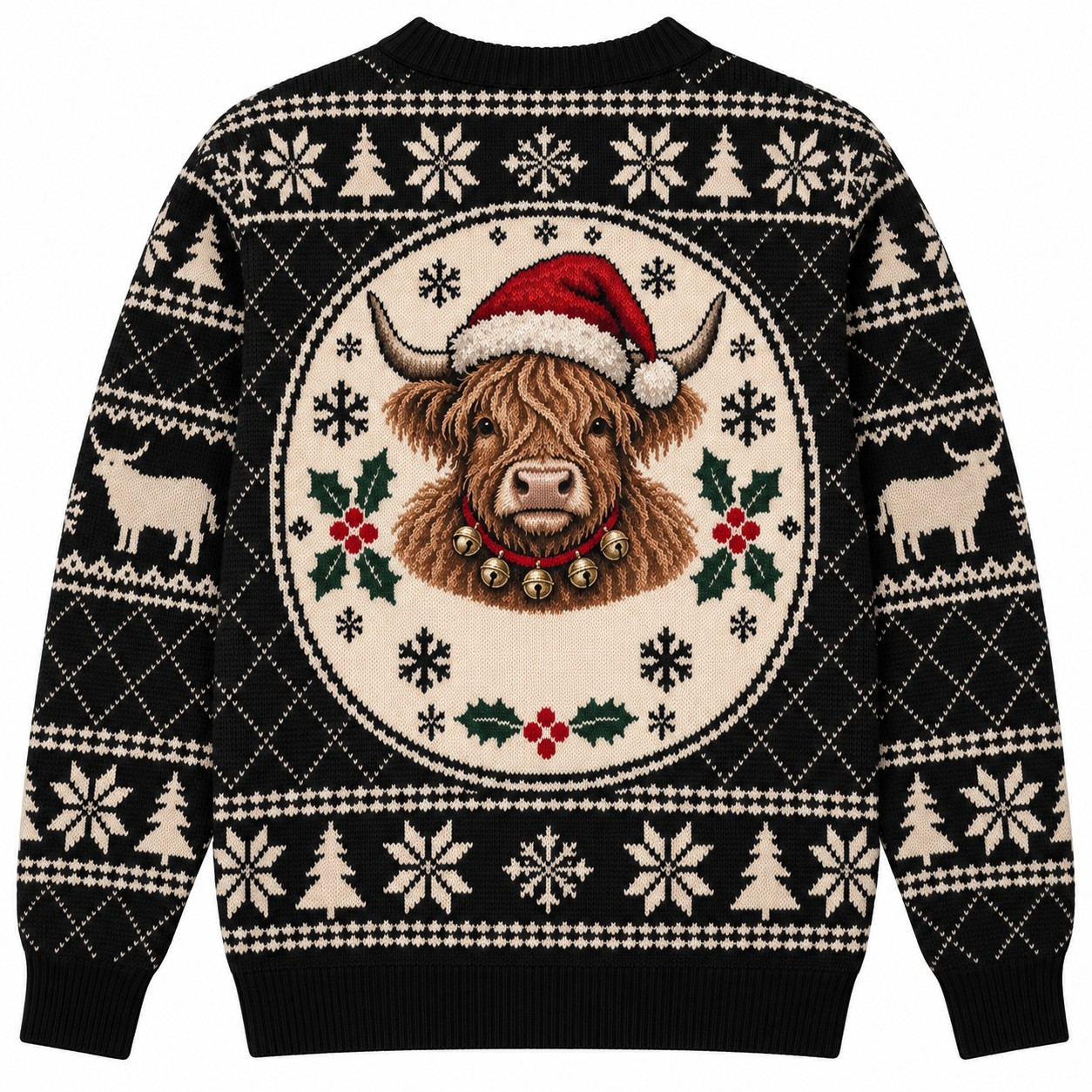 [popular-sweater:PX-12-10:back] Moo Moo Merry Cow Bells Ugly Christmas Sweatshirt - Back view
