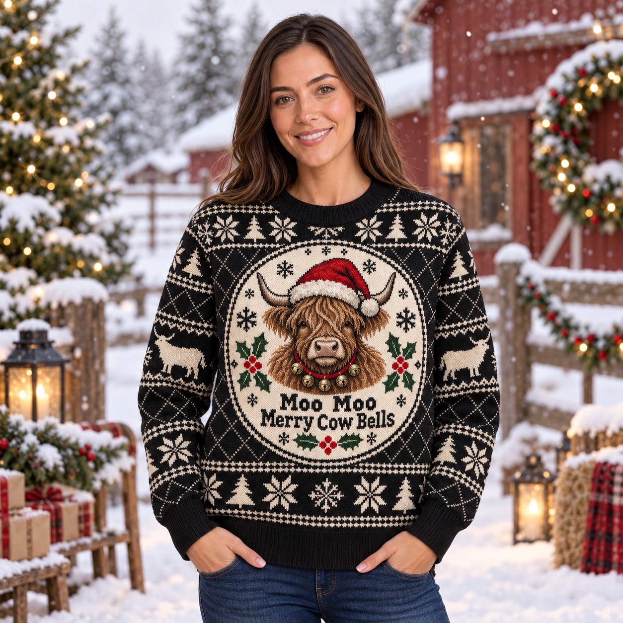 [popular-sweater:PX-12-10:female] Moo Moo Merry Cow Bells Ugly Christmas Sweatshirt - Female view