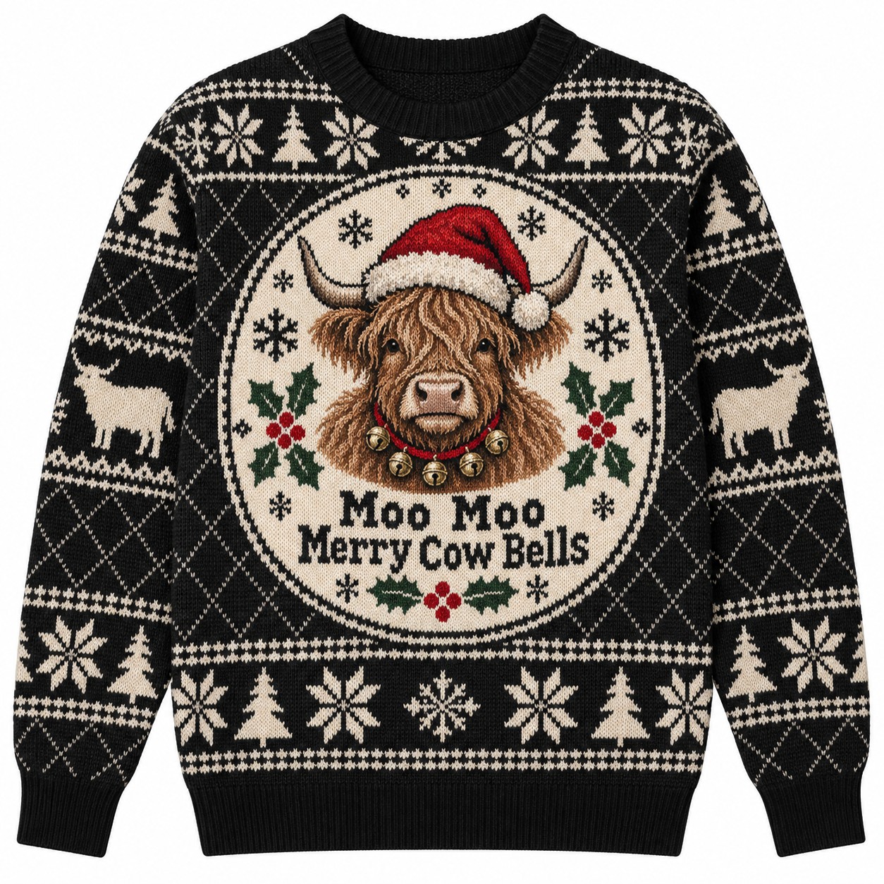 [popular-sweater:PX-12-10:front] Moo Moo Merry Cow Bells Ugly Christmas Sweatshirt - Front view