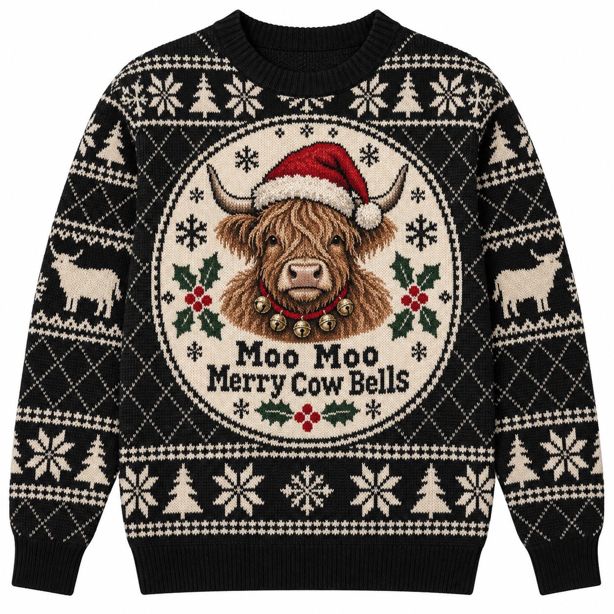 [popular-sweater:PX-12-10:front] Moo Moo Merry Cow Bells Ugly Christmas Sweatshirt - Front view