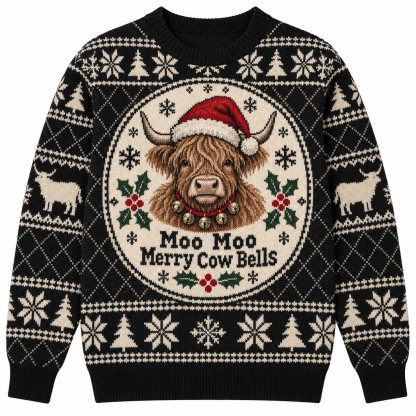 [popular-sweater:PX-12-10:front] Moo Moo Merry Cow Bells Ugly Christmas Sweatshirt - Front view