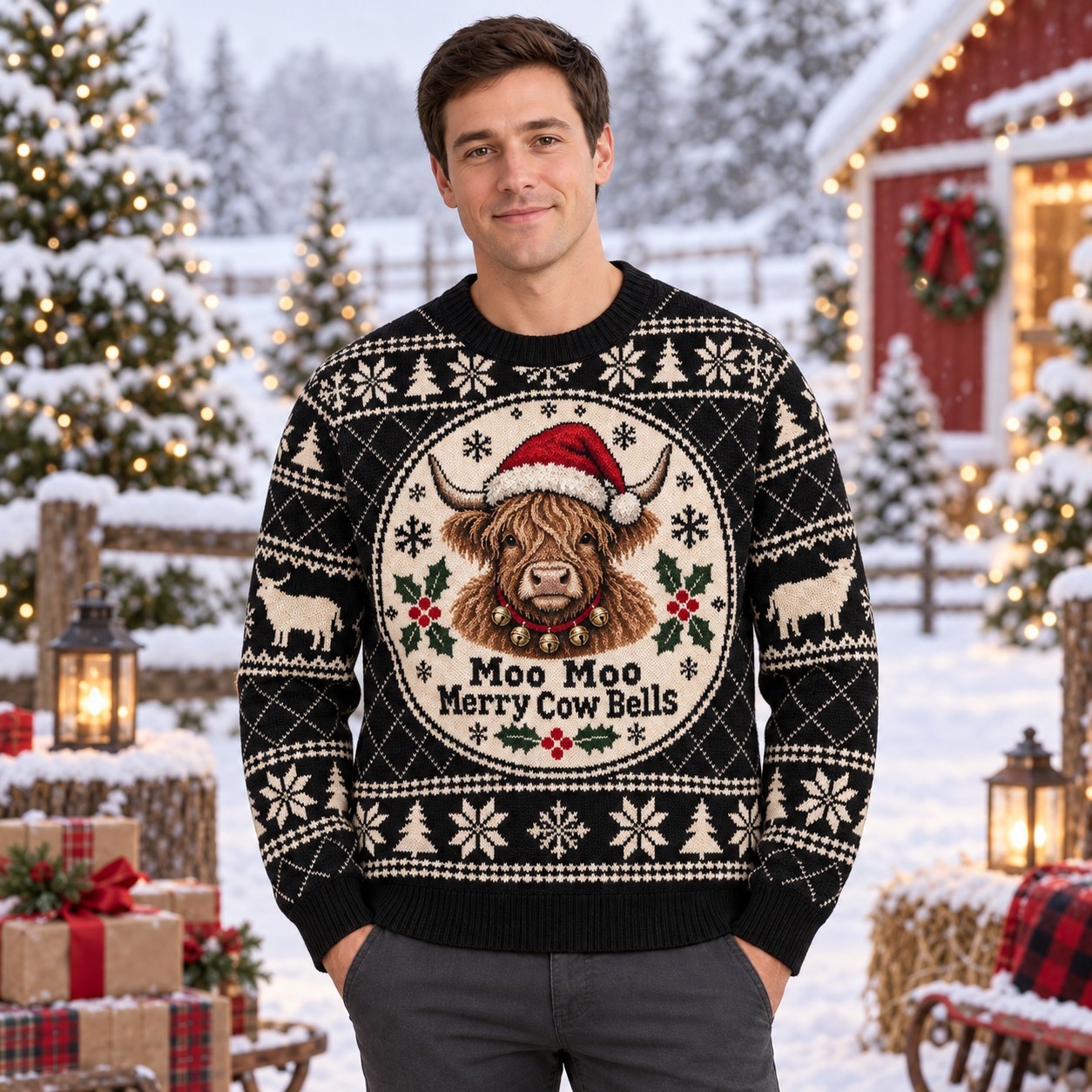 [popular-sweater:PX-12-10:male] Moo Moo Merry Cow Bells Ugly Christmas Sweatshirt - Male view