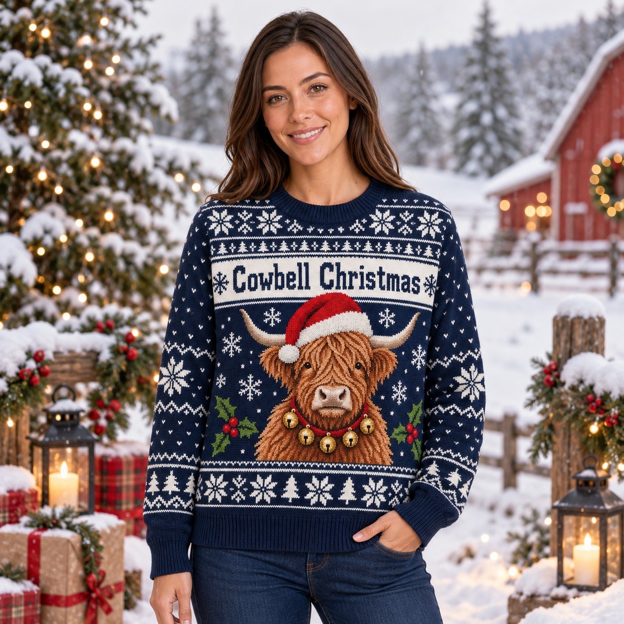 [popular-sweater:PX-12-11:female] Cowbell Christmas Ugly Christmas Sweatshirt - Female view