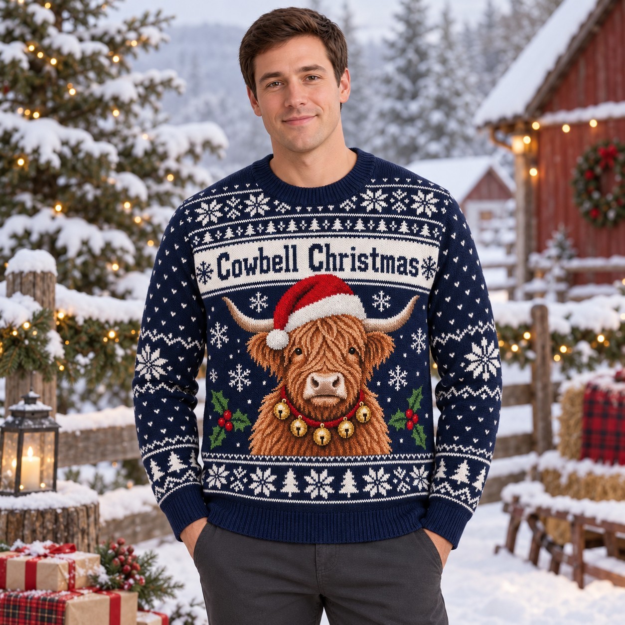 [popular-sweater:PX-12-11:male] Cowbell Christmas Ugly Christmas Sweatshirt - Male view