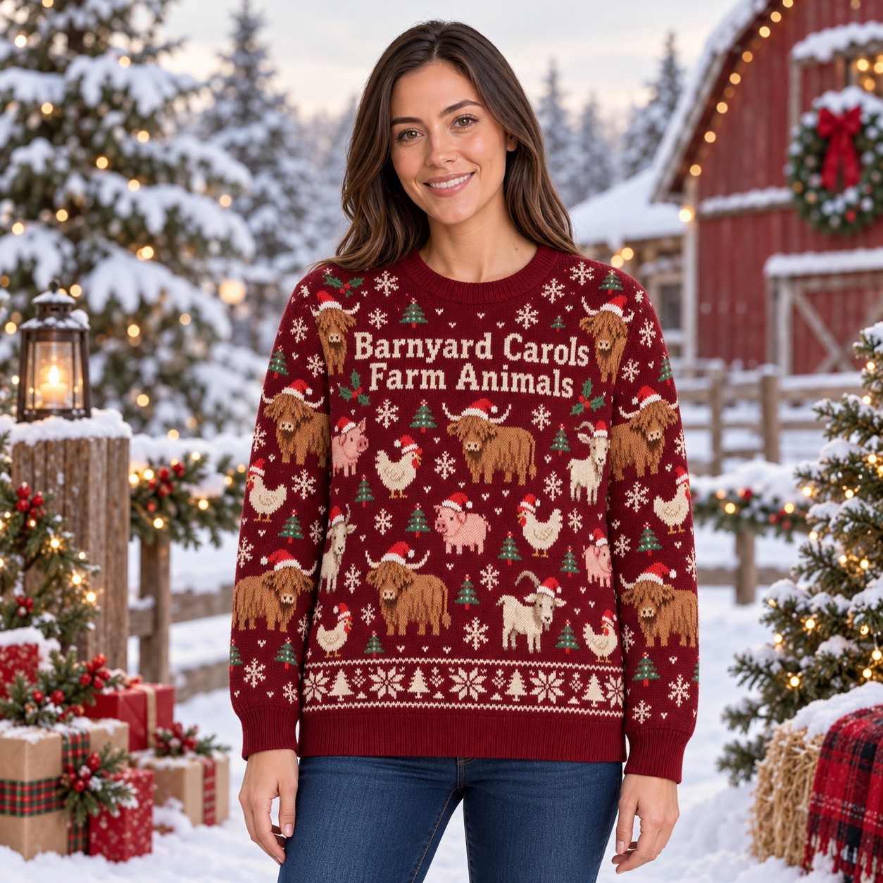 [popular-sweater:PX-12-12:female] Barnyard Carols Farm Animals Ugly Christmas Sweatshirt - Female view