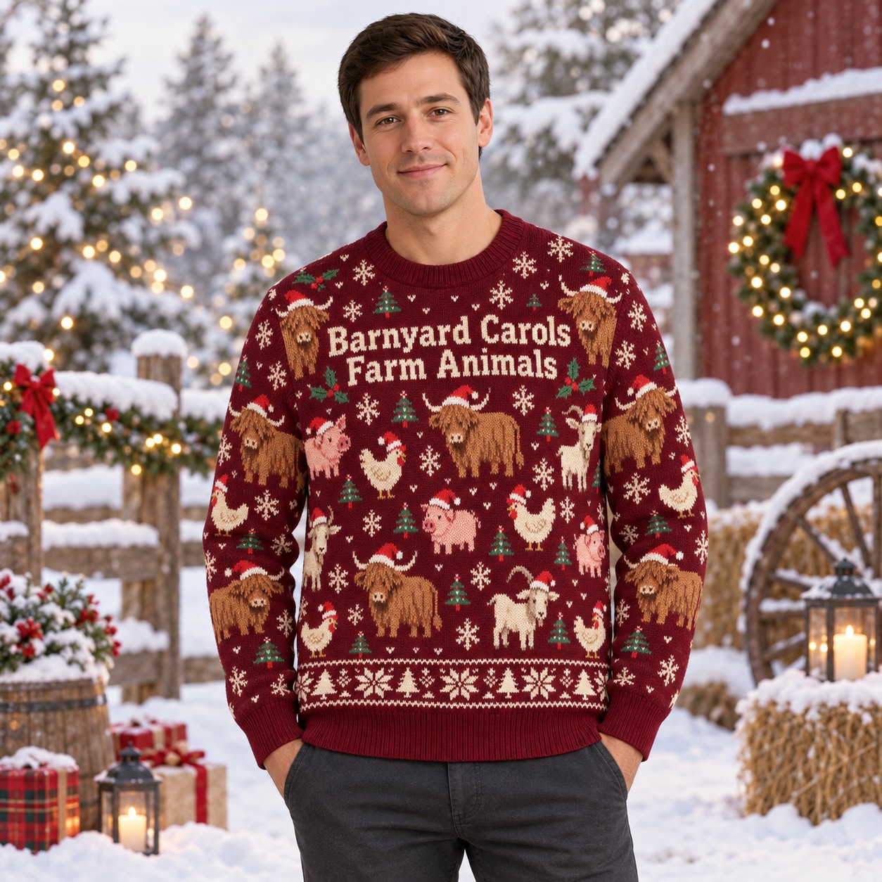 [popular-sweater:PX-12-12:male] Barnyard Carols Farm Animals Ugly Christmas Sweatshirt - Male view