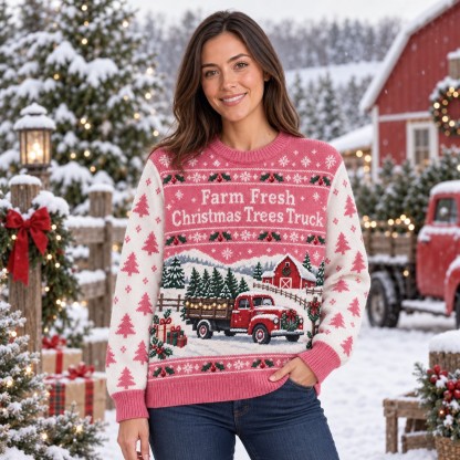 [popular-sweater:PX-12-14:female] Farm Fresh Christmas Trees Truck Ugly Christmas Sweatshirt - Female view