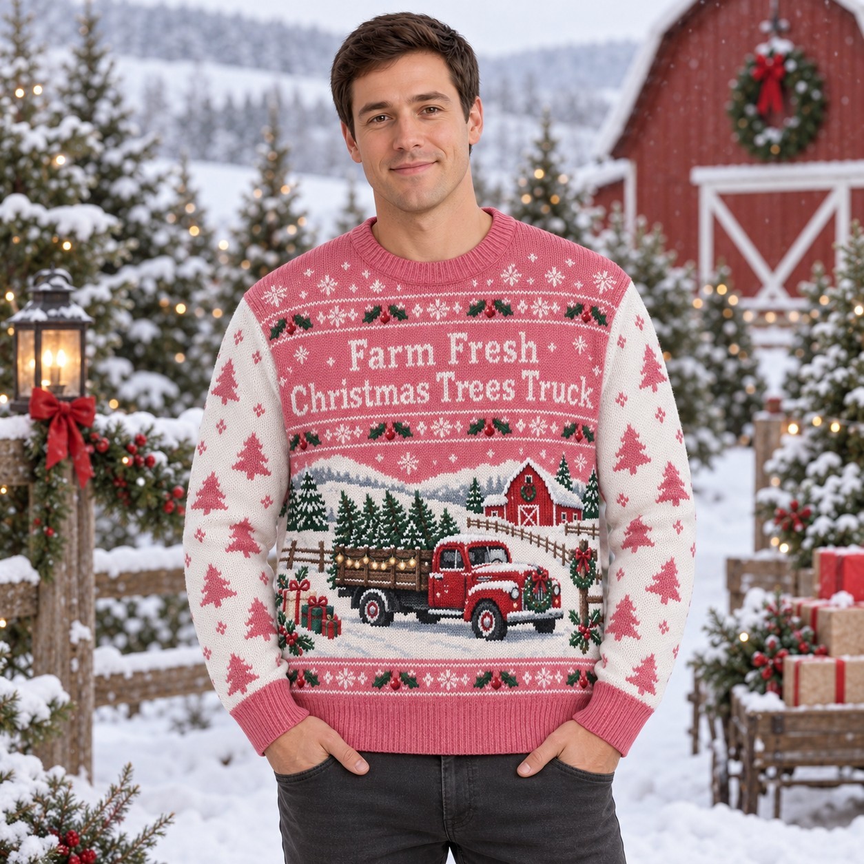 [popular-sweater:PX-12-14:male] Farm Fresh Christmas Trees Truck Ugly Christmas Sweatshirt - Male view