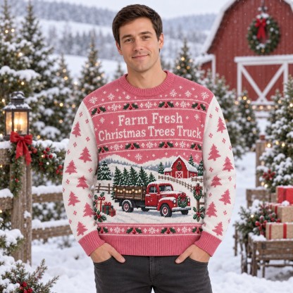 [popular-sweater:PX-12-14:male] Farm Fresh Christmas Trees Truck Ugly Christmas Sweatshirt - Male view