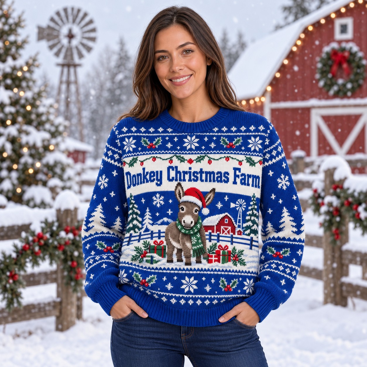 [popular-sweater:PX-12-16:female] Donkey Christmas Farm Ugly Christmas Sweatshirt - Female view