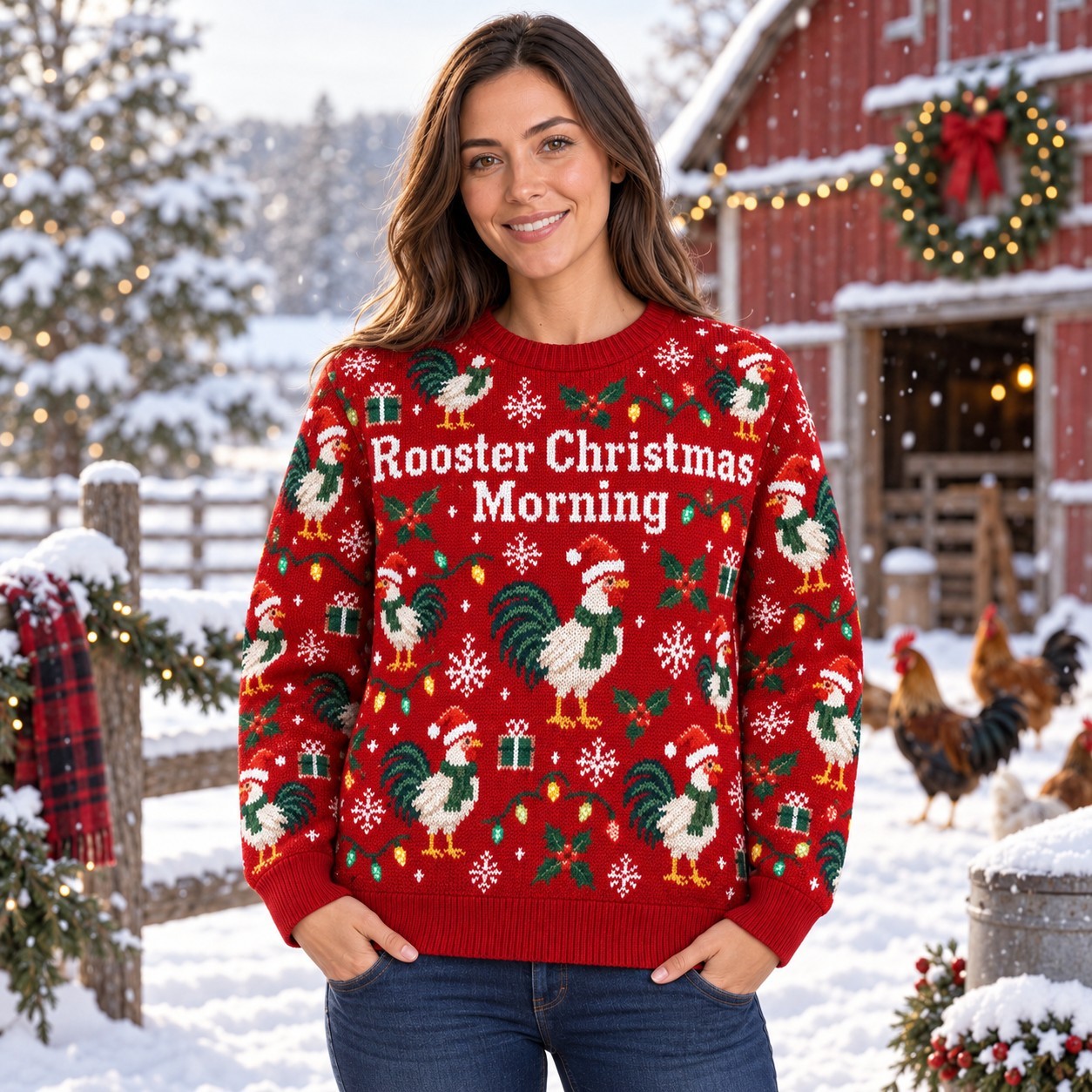 [popular-sweater:PX-12-17:female] Rooster Christmas Morning Ugly Christmas Sweatshirt - Female view