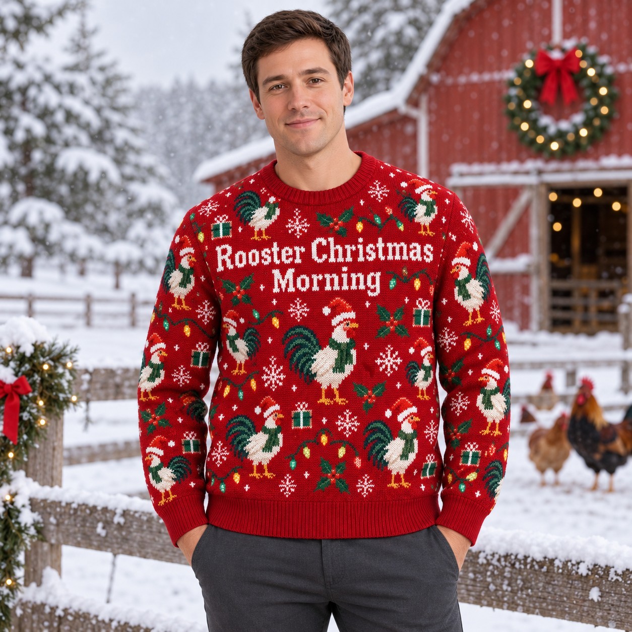 [popular-sweater:PX-12-17:male] Rooster Christmas Morning Ugly Christmas Sweatshirt - Male view